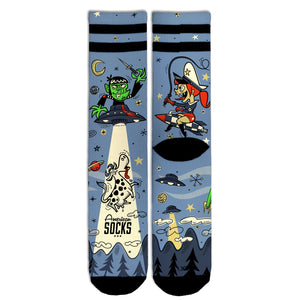 Alien Snatch Mid High Socks with a UFO abducting a cow, a green alien and a devil riding a rocket, by American Socks