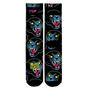 Shadow Mid High Socks with neon blue panthers on black, by American Socks