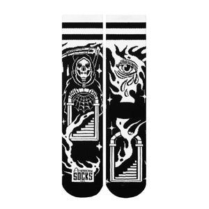 Death's door Mid High Socks with a grim reaper at a door in black and white, by American Socks
